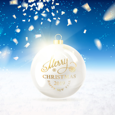 Christmas ball with curves of white ribbon confetti over blue sky and snow background. Vector illustration.のイラスト素材