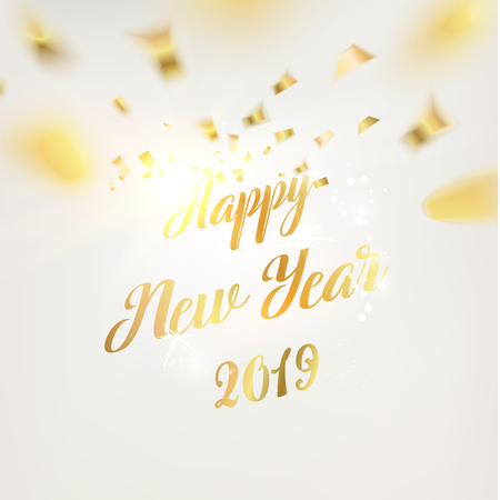 Happy new year card. Gold text template over gray background with golden sparks. New Year of 2019. Golden abstraction. Fallen sparks and sun rays on the gray area. Vector illustration.のイラスト素材