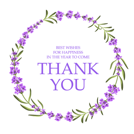The lavender elegant card with frame of flowers and text. Lavender garland for your text presentation. Label of soap package. Label with lavender flowers. Vector illustration.のイラスト素材