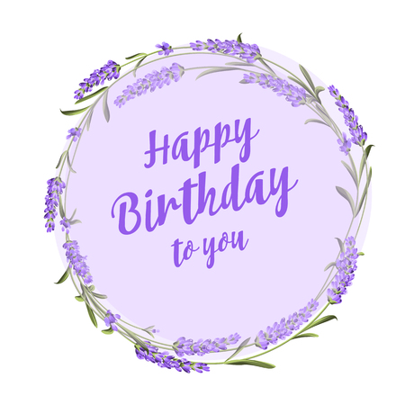 The lavender circle frame of flowers and text. Lavender garland for your happy birthday invitation. Template for invitation card. Vector illustration.の写真素材