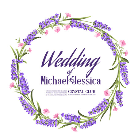 Marriage invitation card with custom sign and flower frame. Lavender frame for provence card. Printable vintage marriage invitation with flowers over white. Lavender sign label. Vector illustration.の写真素材