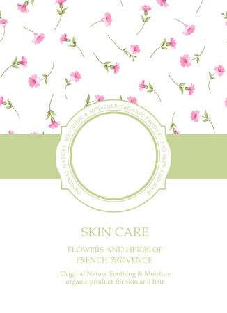 Flyer layout template. Book cover with flower texture on background. Wide line of color ribbon with circle badge and empty text place. Vector illustration.のイラスト素材