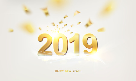 New year calendar label. Golden sign 2019 over gray bokeh background. Vector illustration.のイラスト素材