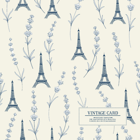 Souvenir card with lavender flowers and eiffel tower. Template background for package design. Vector illustration.のイラスト素材