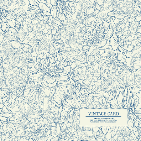 Souvenir card with floral pattern of Peony flowers. Wedding card with flowers over white background. Vector illustration.のイラスト素材