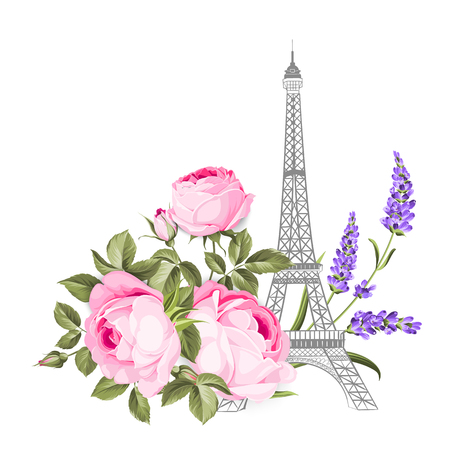 The Eiffel tower card. Eiffel tower simbol with spring blooming flowers over white background. Vector illustration.のイラスト素材