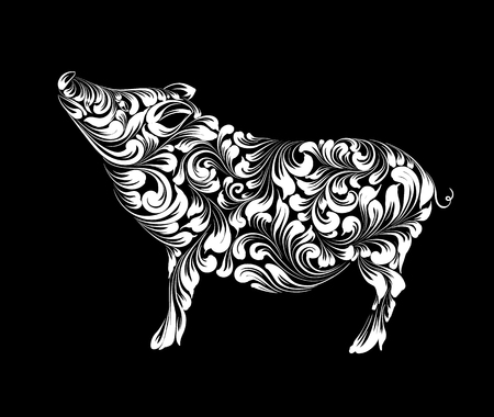 The contour of pig, Chinese calendar symbol of the 2019 year. Christmas invitation with an icon of piglet over the black background. Happy new year card. Vector illustration.のイラスト素材