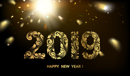 Happy new year card with a black background and golden sparks. Golden confetti petals fall to the bottom. Vector illustration.のイラスト素材
