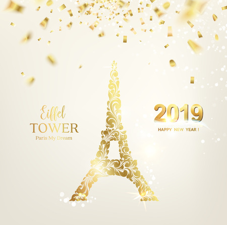 Eiffel tower icon with Golden confetti falls isolated over white background and sign Paris Eiffel Tower France. Vector illustration.のイラスト素材