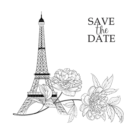 The marriage card. Wedding invitation card template. Eiffel tower simbol with spring blooming flowers over white with sign Save the date. Vector illustration.のイラスト素材