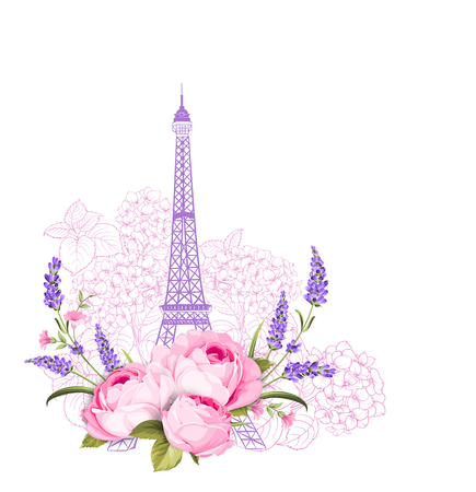Eiffel tower with rose flowers and roses isolated over white background. The lavender elegant card. Eiffel tower symbol with spring blooming flowers for wedding invitation. Vector illustration.のイラスト素材