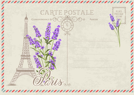 Old blank postcard with post stamps and eiffel tower with lavender on the top. Vector illustrtion.のイラスト素材