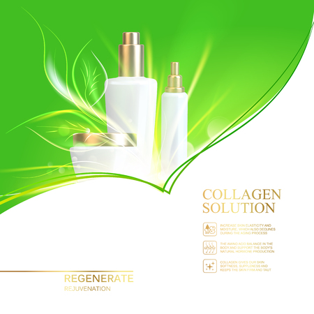 Jar of cream on green background. Shining bio essence bottle. Moisturizer with Vitmins and Regenerate Cream. Vector illustration.の写真素材