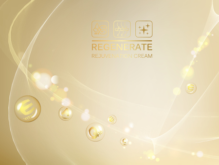 Scince illustration of a DNA molecule. Regenerate face cream and Vitamin complex concept. Organic cosmetic and skin care cream. Beauty skin care design over golden backdrop. Vector illustration.の写真素材