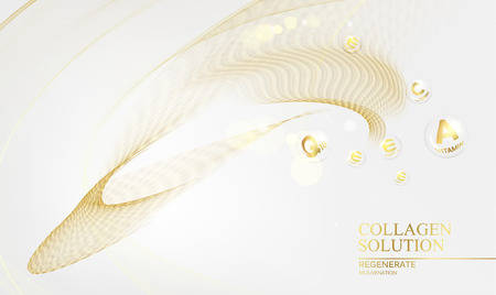 Regenerate face cream and Vitamin complex concept. Shining golden essence droplet. Vitamin E drop in form of sphere. Beauty skin care design over golden backdrop. Vector illustration.のイラスト素材