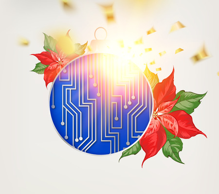 Microprocessor circuitry christmas design with red poinsettia flower.の写真素材