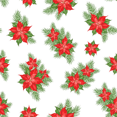 Red poinsettia flower pattern. Seamless holiday background with christmas star. Handmade floral pattern with poinsettia. Vector illustration.のイラスト素材