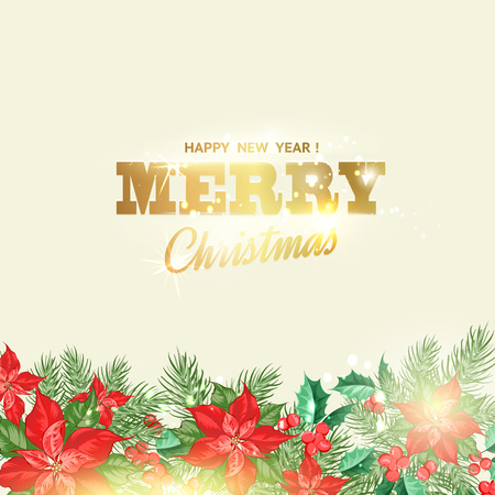 Floral garland of red poinsettia with merry christmas sign. Vector illustration.のイラスト素材