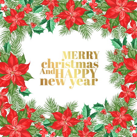 Christmas card with border of poinsettia christmas star. Vector illustration.のイラスト素材