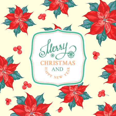 Floral garland or red poinsettia with merry christmas sign. Vector illustration.のイラスト素材