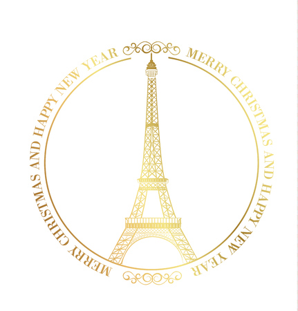 Happy new year card over white background with golden sparks. Eiffel tower with Golden confetti isolated over white background and sign Merry Christmas Paris Eiffel Tower France. Vector illustration.のイラスト素材