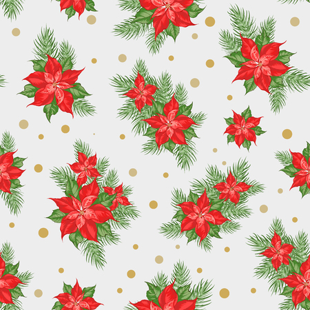 Red poinsettia flower pattern. Seamless holiday background with christmas star. Handmade floral pattern with poinsettia. Vector illustration.のイラスト素材