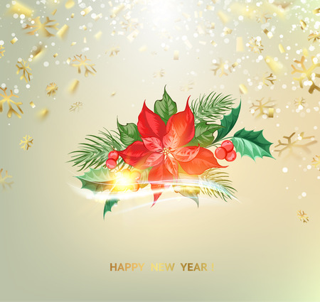 Fantasy christmas fir tree with poisettia flower and golden confetti on background. Vector illustrationのイラスト素材