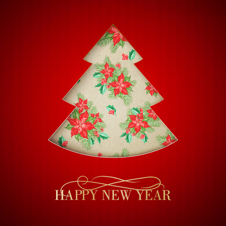 Red christmas fir tree with poisettia flower on red background. Vector illustrationのイラスト素材