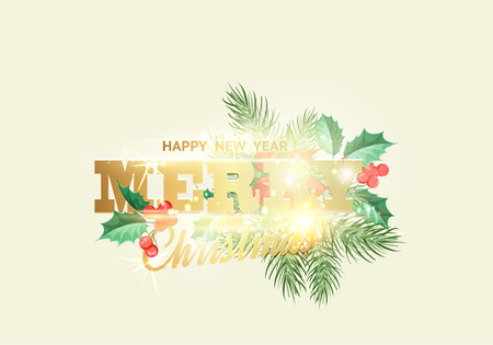 Floral garland or red poinsettia with merry christmas sign over white background. Vector illustration.のイラスト素材