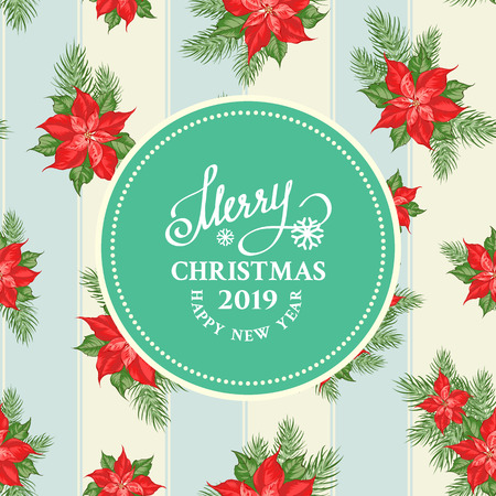 Christmas card with poinsettia flower pattern and template text. Vector illustration.のイラスト素材