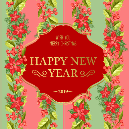 Merry Christmas card with the badge for text and mistletoe pattern on the redのイラスト素材