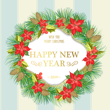 Christmas mistletoe garland with a place for holiday text. Holidays card with poinsettia Christmas star. The composition of red flower isolated over the blue tile background. Vector illustration.のイラスト素材