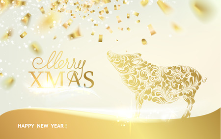 Pig silhouette over golden Christmas card. Christmas invitation card with template text. Vector illustration.のイラスト素材