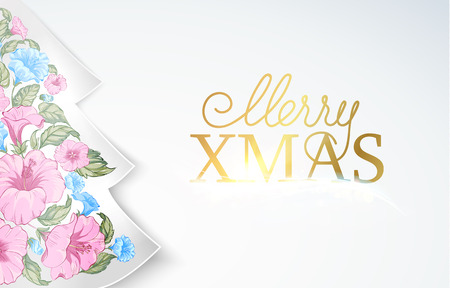 Chrismas fir tree with pink tropical flowers inside. Happy new year card design. Vector illustration.のイラスト素材