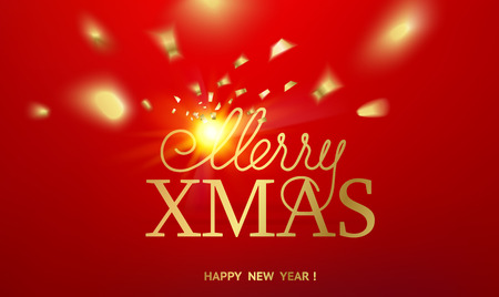 Holiday card. Gold template over red background with golden sparks. Happy new year 2019. Fallen confetti and sun rays in the red area. Vector illustration.のイラスト素材