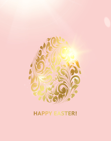 Easter egg with pink background. Happy easter card over light background with golden sparks. Vector illustration.のイラスト素材