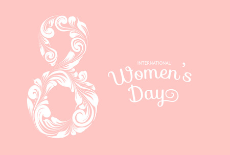 Beautiful card with white symbol of 8 on pink background. Happy women day design. March holiday poster. Vector illustration.のイラスト素材