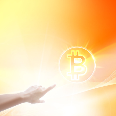 Abstract concept image of human hand touching bitcoin symbol. Vector illustration.のイラスト素材