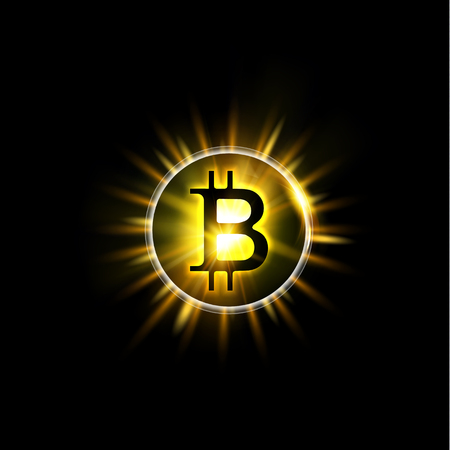Shining bitcoin symbol, light splashes and sparks. Golden blockchain sun concept. Cryptocurrency symbol illustration with peer to peer network background. Vector illustration.のイラスト素材