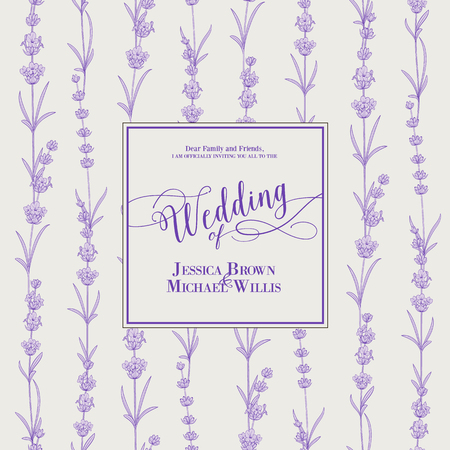 Wedding invitation with blossom lavender. Bridal shower card with gray background. Vintage floral invitation for spring or summer bridal shower. Vector illustration.のイラスト素材