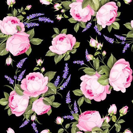 The Rose seamless pattern. Red Roses and lavender flowers on wallpaper, seamless pattern template. Vector illustration.のイラスト素材