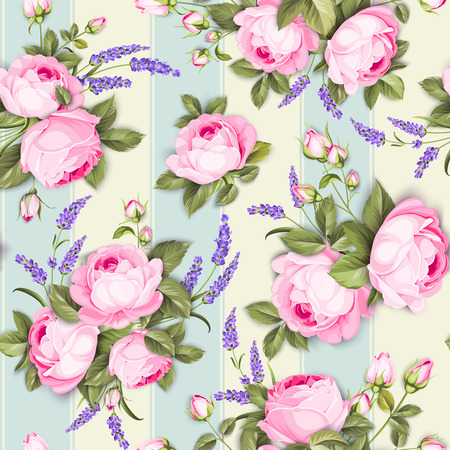 Provece lavender and pink roses floral wallpaper. Awesome design seamless pattern. Elegant rose pattern on blue tile background. Vector illustration.のイラスト素材