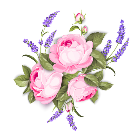 Blooming spring flowers garland of purple roses and violet lavender. Label with rose and lavender flowers. Vector illustration.のイラスト素材