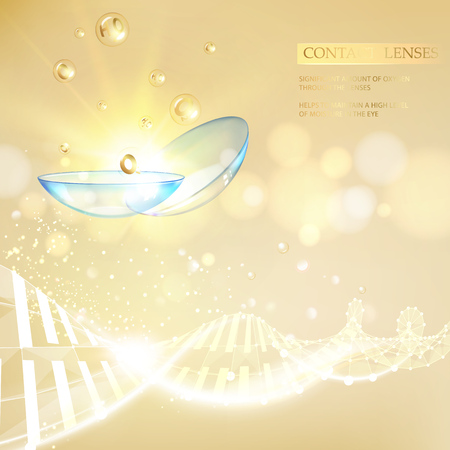 Abstract illustration of blue optical lens with dna spring on soft golden backdrop. Medical equipment over gold abstract background. Vector illustration template.のイラスト素材