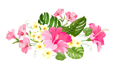 Tropical flower garland for your card design. Label with plumeria flowers. Invitation card template with color flowers of alstroemeria. Vector illustration.のイラスト素材
