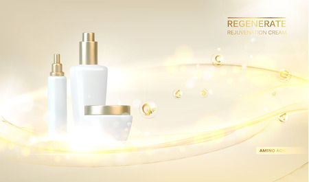 Collagen regenerates cream concept design. Bottles of cosmetic lotion and jar of cream. Women healthcare cosmetic in beautiful bottles over biege background. Vector illustration.のイラスト素材
