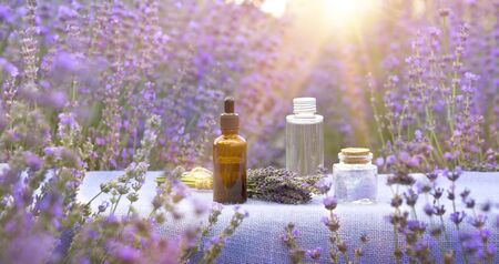 Essential lavender oil in the bottle with dropper on the table in lavender field. Horizontal close-up.の写真素材