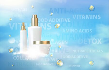 Sunscreen design for your summer vacation. Tag cloud with vitamin letters over blue background. UV Protection and whitening cream. Vector illustration.のイラスト素材