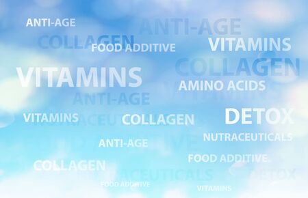 Skincare concept for cosmetic label of cream. Golden bubbles with vitamin letters over blue background. Vector illustration.のイラスト素材