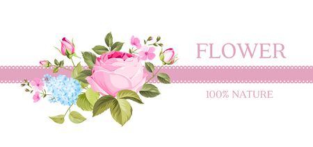 Invitation card with summer flowers. Floral horisontal vintage template with garden blooming flowers. Vector illustration.のイラスト素材